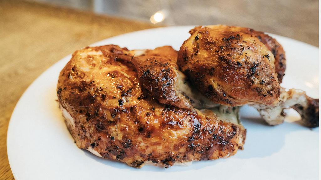 1/2 Chicken · Our chickens are all-natural, free-roaming, antibiotic and hormone-free, roasted with fresh herbs and spices.