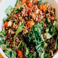 Quinoa Kale · Quinoa (base of dish), kale, tomato, yellow and red peppers, onion, balsamic vinaigrette. 
*...