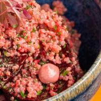 Beets Salad Sml · Roasted beets, quinoa, walnuts, red miso vinaigrette, chia seed,  watermelon, jicama, compre...