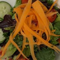 Green Salad · Dairy free, vegan, gluten free. Mixed greens, carrots, cucumbers, cherry tomatoes, radish, l...