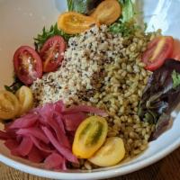 Grain Bowl · Dairy free, vegan. Quinoa, freekeh, greens, tomatoes, pickled red onions, red wine vinaigret...