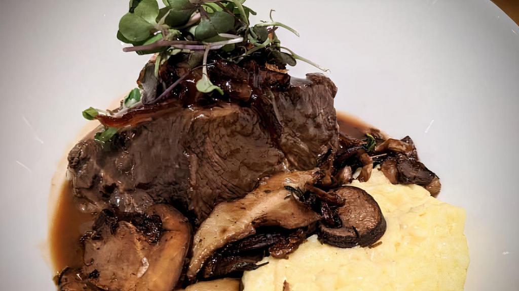 Cabernet Braised Short Rib · Gluten free. Mascarpone polenta, wild mushrooms, candied onions, port wine demi.