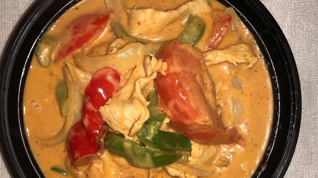 Thai Mango Chicken · Spicy. Chicken, red curry, tomato, bell pepper, onion and mango.