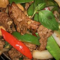 Beef Basil · Beef, bell pepper, onions, mushroom, basil and red chili paste.