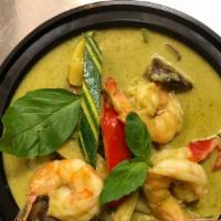 Thai Green Curry (Lunch) · Coconut, zucchini, eggplant, bamboo shoots, bell peppers and basil.