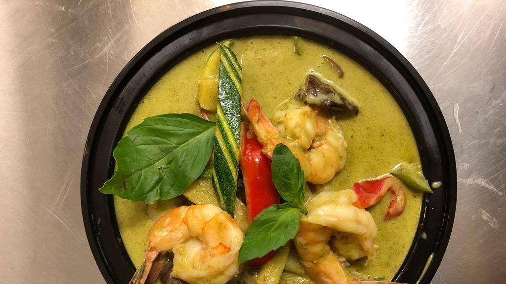 Thai Green Curry · Spicy. Coconut milk, zucchini, eggplant, bamboo shoot, bell pepper, basil.