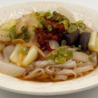 Shoyu-Miso Veggie Soup · aged soy-veggie broth, ong choy, potato, onion, celery, daikon, black garlic, ginger, scallion