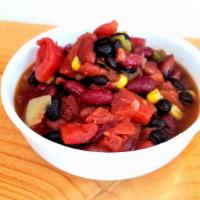 Three Bean Chili · Black beans, dark and light kidney beans, corn, green peppers, onions, tomato and spices (ve...