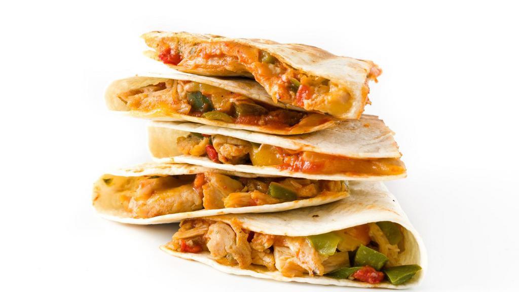 Carne Asada And Chicken Quesadilla · Grilled chicken with sautéed skirt steak, mixed peppers, caramelized onions, pepper jack cheese, cheddar cheese, and jalapeños on a crispy tortilla.