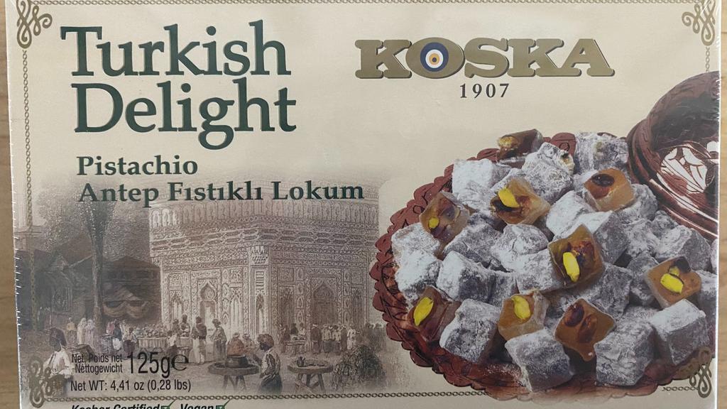 Turkish Delight · A small box of sweet Turkish candy with pistachio