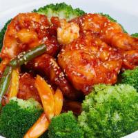 Sesame Sauce · Spicy. Crispy tender white meat chicken/jumbo shrimp with tangy spicy sauce, season greens.