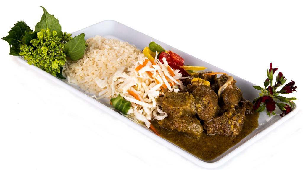 Curried Goat · Succulent morsels of fresh goat seasoned with Jamaican spices and slow-cooked to a tender, delicious and glorious curry flavored 