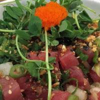 Aloha Tuna Bowl · Ahi tuna, spicy tuna, cucumber and seaweed salad, edamame, red onion, ginger, crispy garlic,...