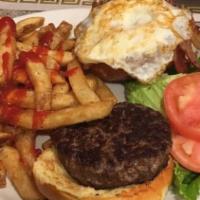 Breakfast Burger · Bacon, cheese and one egg over easy on top. Served with lettuce, tomato, and French fries.