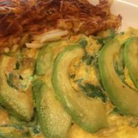 Latin Omelette · Arugula, avocado, jalapeños, and Pepper Jack cheese. Served with fries or French fries and b...