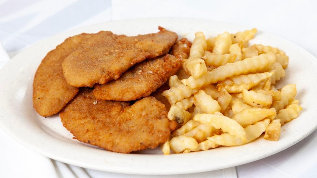 4 Pc Chicken Fingers With French Fries · 4 Pc Chicken Fingers Deluxe served with french fries. You Can Change The fries For Curly Fries, Or Onions Rings, Tostones