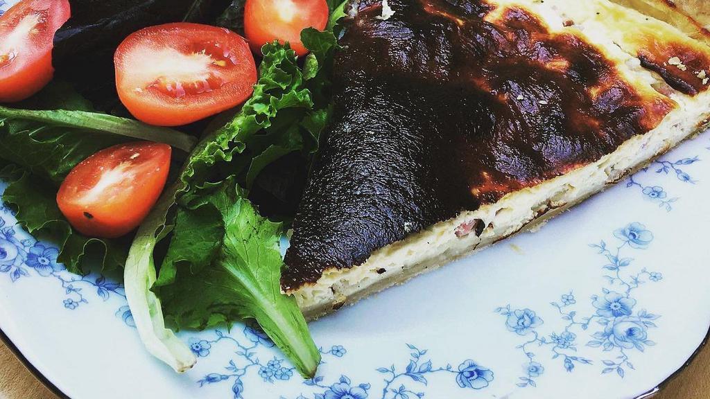 Quiche Lorraine · Contains Eggs. Homemade, French Recipe With Ham And Swiss Cheese, Serve With  Salad.