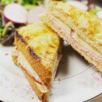 Croque Monsieur · Two Toast Bread With Ham, Crème Fraîche And Swiss Cheese, Serve With Salad
Egg for an extra ...
