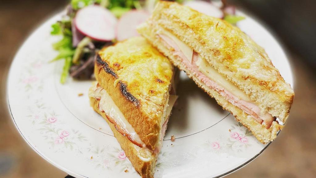 Croque Monsieur · Two Toast Bread With Ham, Crème Fraîche And Swiss Cheese, Serve With Salad
Egg for an extra charge.
