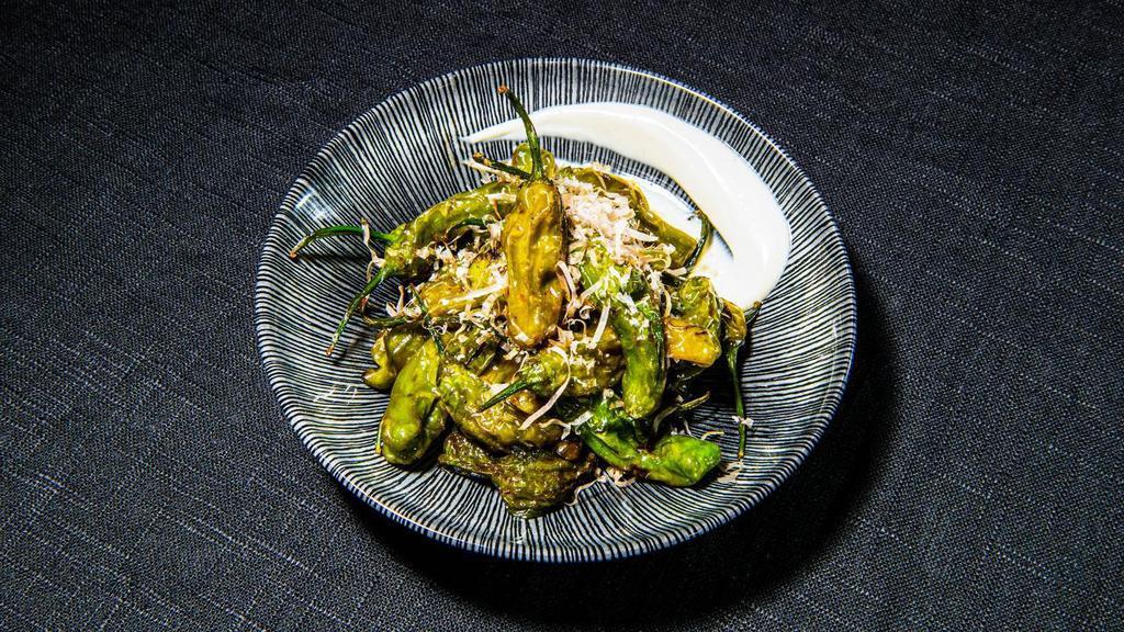 Shishito Peppers · Sauteed with soy served with Bonito, Yuzu Aioli