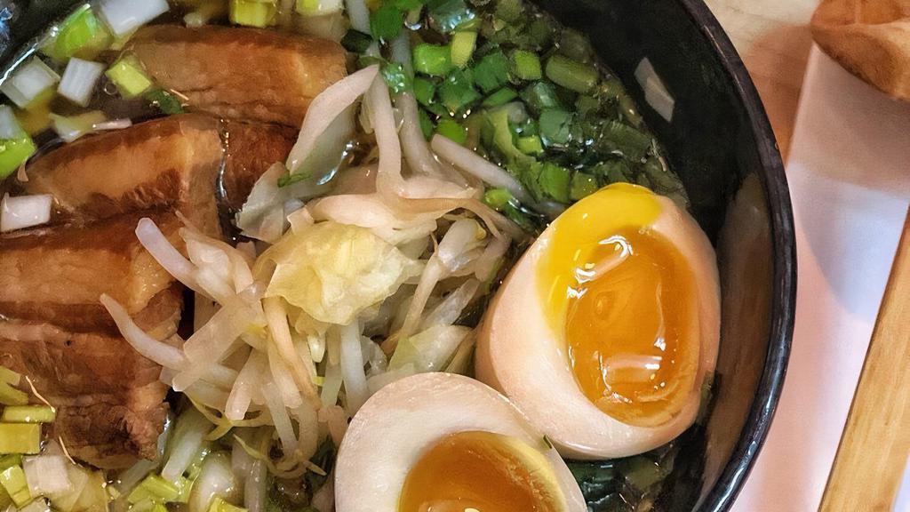 Taka'S Shoyu Ramen · Chicken broth, wavy flat flor noodles, leeks, chives, cabbage, and bean sprouts. Choice of pork belly or chicken.(*add spicy: Spicy Oil and Paste not allowed on the side)