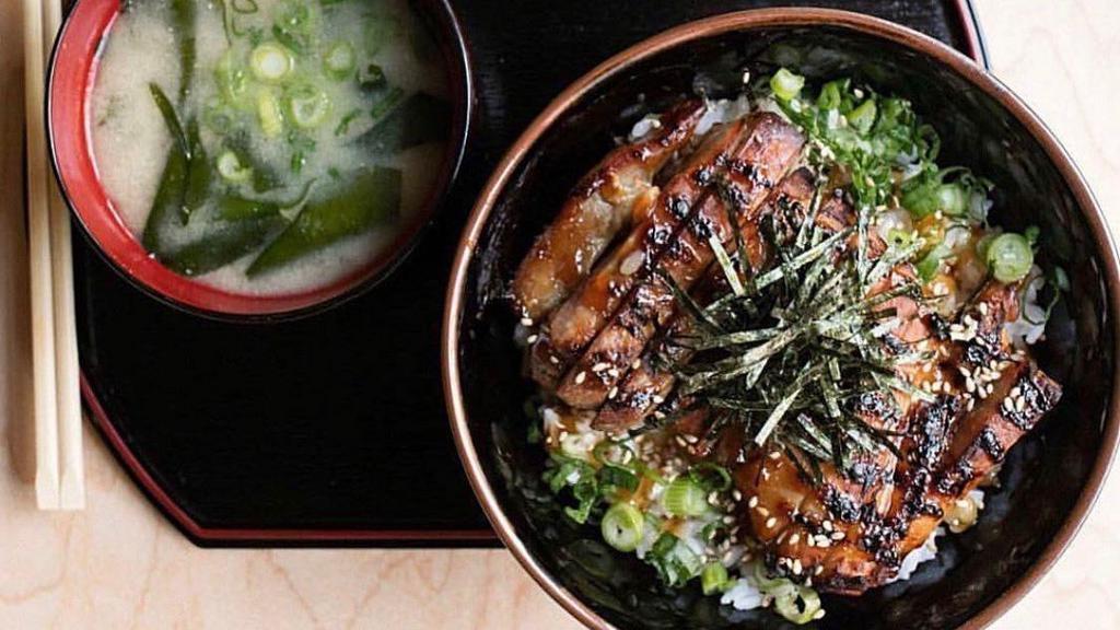 Teriaki Rice Bowl Set · Choice of pork belly or chicken with scallions, sesame seeds, seaweed, and teriyaki sauce. Served with miso soup and hijiki and lotus root salad.