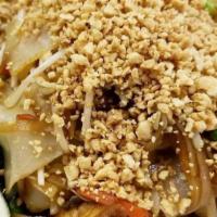 Pad Thai · Rice, noodle, egg, scallion, and bean sprouts in spicy Thai sauce topped with crushed peanuts.