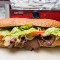 Roast Beef · Grilled roast beef, cooked onions, cooked green peppers, yellow american cheese, lettuce, to...
