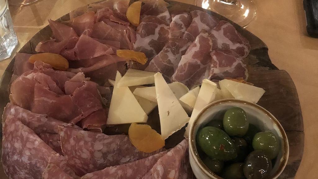 Tagliere Di Salume And Formaggi · Accompanied by our selection of marmalade from our farm and assorted nuts and olives choice of 3 or 5 salumi.