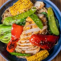 Sesame Noodles · udon noodles, grilled chicken, baby bok choy, corn, peppers & peapods with sesame oil & ging...