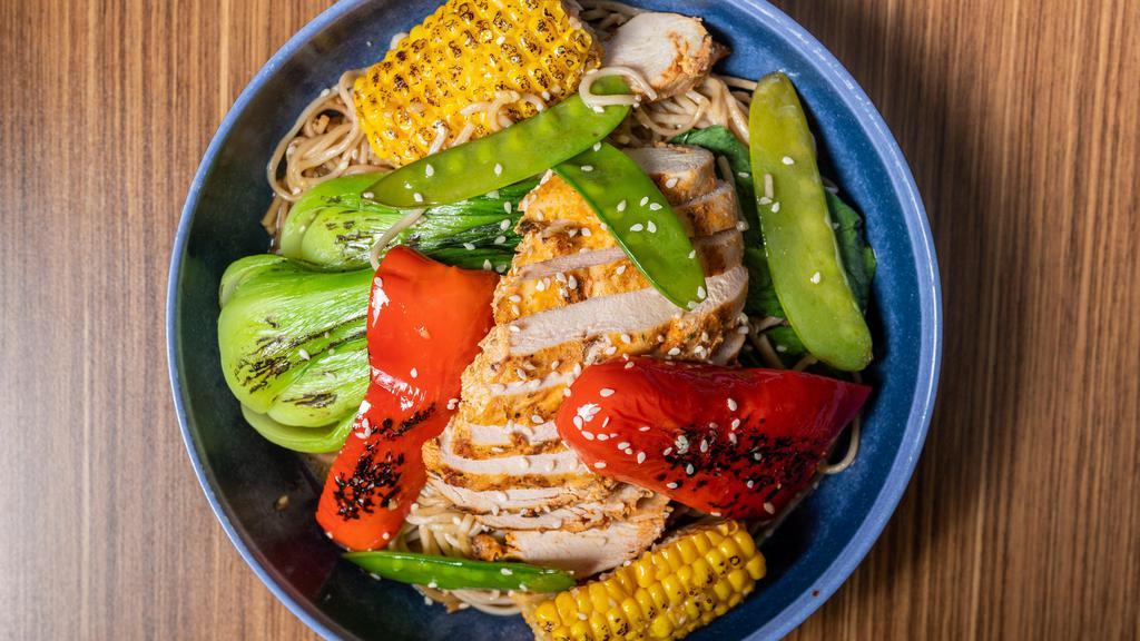 Sesame Noodles · udon noodles, grilled chicken, baby bok choy, corn, peppers & peapods with sesame oil & ginger.