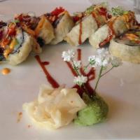 Crazy Roll · Whitefish, salmon, eel, kani and asparagus deep-fried, topped with eel sauce, spicy mayo, wa...