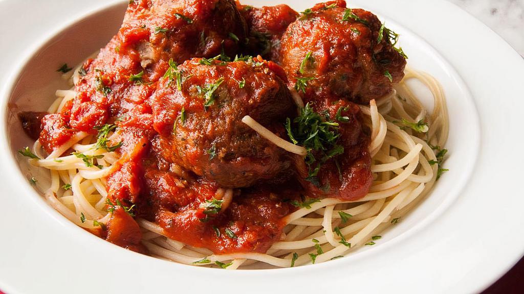 Spaghetti Meatballs · Spaghetti pomodoro with meatballs.