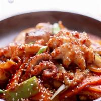 쭈꾸미 볶음 / Jjuggumi Bokkeum · Spicy. Stir fried fresh octopus baby octopus with udong noodles and vegetables in hot sauce.