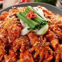 쭈삼 / Jju Sam · Spicy. Stir fried baby octopus and thin sliced pork belly with the vegetables in the hot sau...