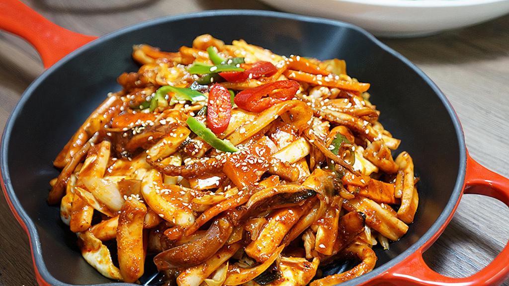 오징어 볶음 / Ojingeo Bokkeum · Spicy. Stir fried squid with vegetables in the hot sauce.