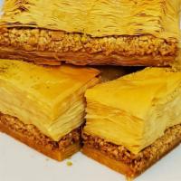 Baklava · Made of fillo dough sheets filled with cashew nuts, honey and Ater.