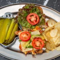 Ko Sandwich · Grilled chicken, pepper jack cheese, avocado, lettuce, tomato, honey mustard, and pesto on 7...