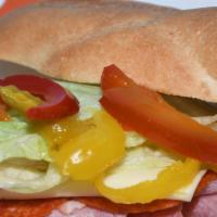 Italian Sandwich · Genoa salami, cappy ham, pepperoni, provolone, onion, lettuce, tomato sweet and hot peppers,...