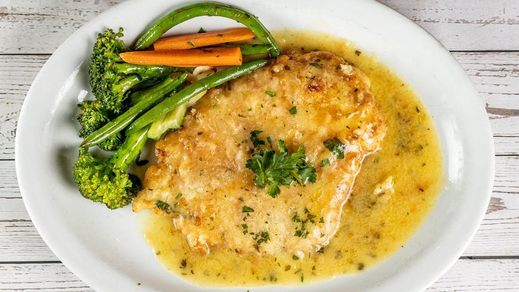 Pollo Martini · Parmesan crusted chicken breast pan seared to a golden brown with a lemon vermouth sauce.