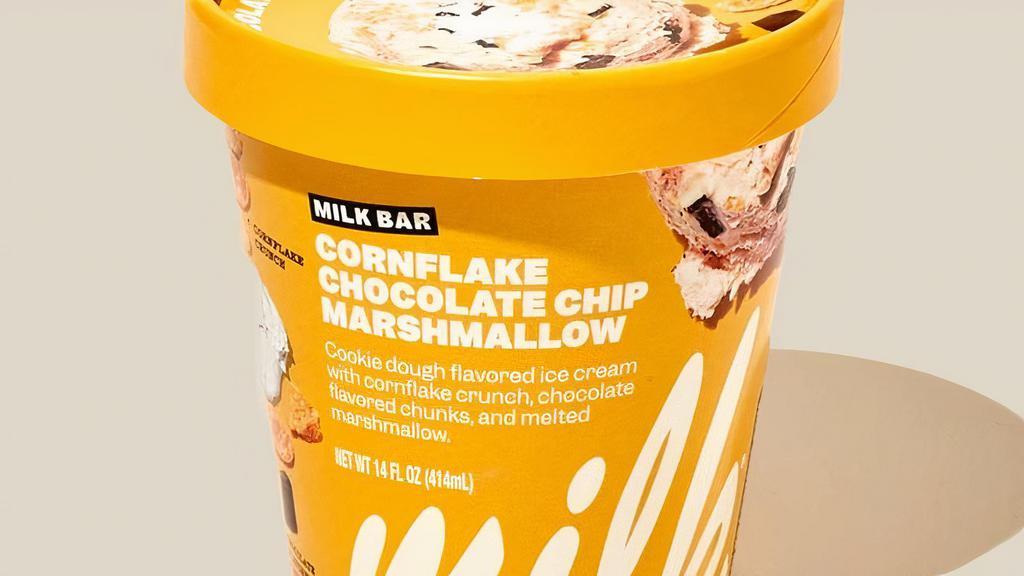Cornflake Marshmallow Chocolate Chip · Our riff on your classic chocolate chip cookie dough ice cream remixed Milk Bar style: cookie dough flavored ice cream with cornflake crunch, chocolate-flavored chunks, and gooey, melted marshmallow swirls.