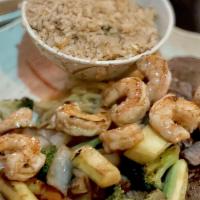 Steak & Shrimp · Served with mushroom soup, green salad, hibachi shrimp (cooked together) hibachi vegetables,...