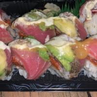 Crazy Tuna Roll · White tuna tempura, spicy tuna, topped with pepper tuna, avocado, caviar, scallion, mango sa...