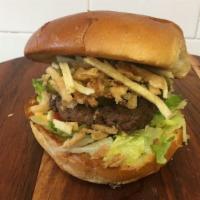 Jack'S Original Burger · Fresh and hand-formed beef patty with crispy onion, lettuce, tomato, pickle, potato stix