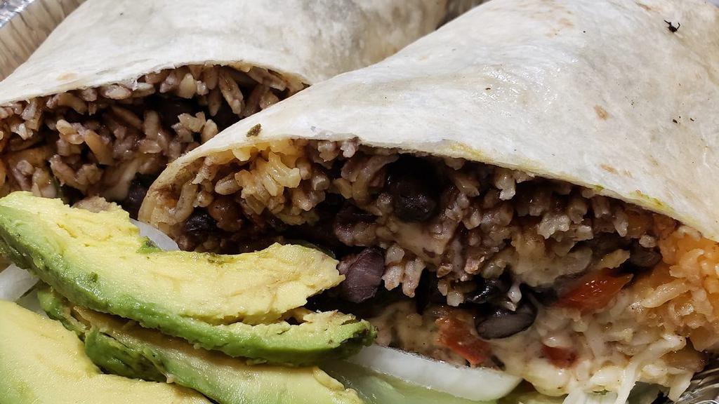 Burritos · Burrito comes with your choice of meat or veggies, Rice, Beans, Sour Cream, Cheese, Avocado, and a salad on the side