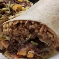 Burrito Tri Color · Burrito tri-color comes with choice of 2 meats, Rice, Beans and cheese inside and Guacamole,...