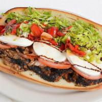 Grilled Chicken Caprese · Herb marinated grilled chicken, fresh mozzarella, sliced tomatoes, roasted red peppers, and ...