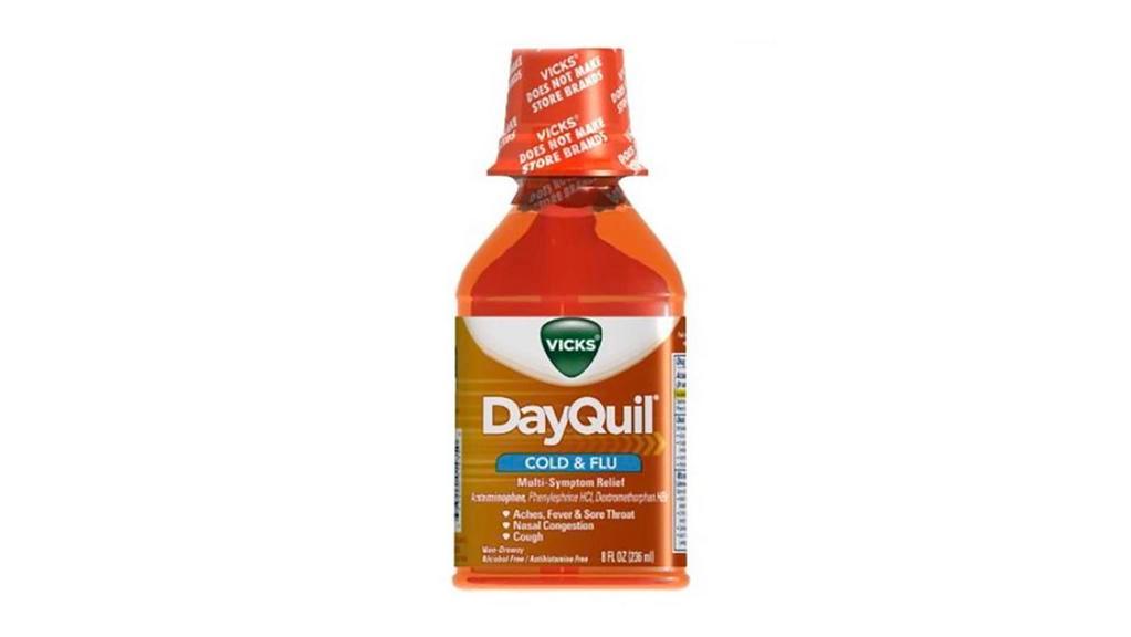 Dayquil Cold & Flu Syrup (8 Fl Oz) · Vicks DayQuil Cold & Flu provides powerful, non-drowsy, daytime relief for your worst cold and fl* symptoms. DayQuil relieves headache, fever, sore throat, minor aches & pains, nasal congestion, and cough.