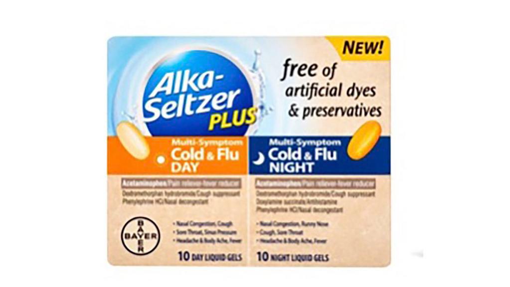 Alka-Seltzer Cold & Flu  Day & Night Liquid Gels 12+4'S · When you need daytime relief from your cold or flu symptoms – and a restful night so you can tackle the next day – turn to Alka-Seltzer Plus Maximum Strength* Day & Night Cold & Flu Liquid Gels for fast, effective relief. In one convenient package you get: Daytime cold and flu symptom relief from: Nasal Congestion, Cough, Headache & Body Ache, Sore Throat, Sinus Pressure & Fever and Nighttime cold and flu medicine for relief from: Runny Nose, Nasal Congestion, Cough, Headache & Body Ache, Sore Throat & Fever.
