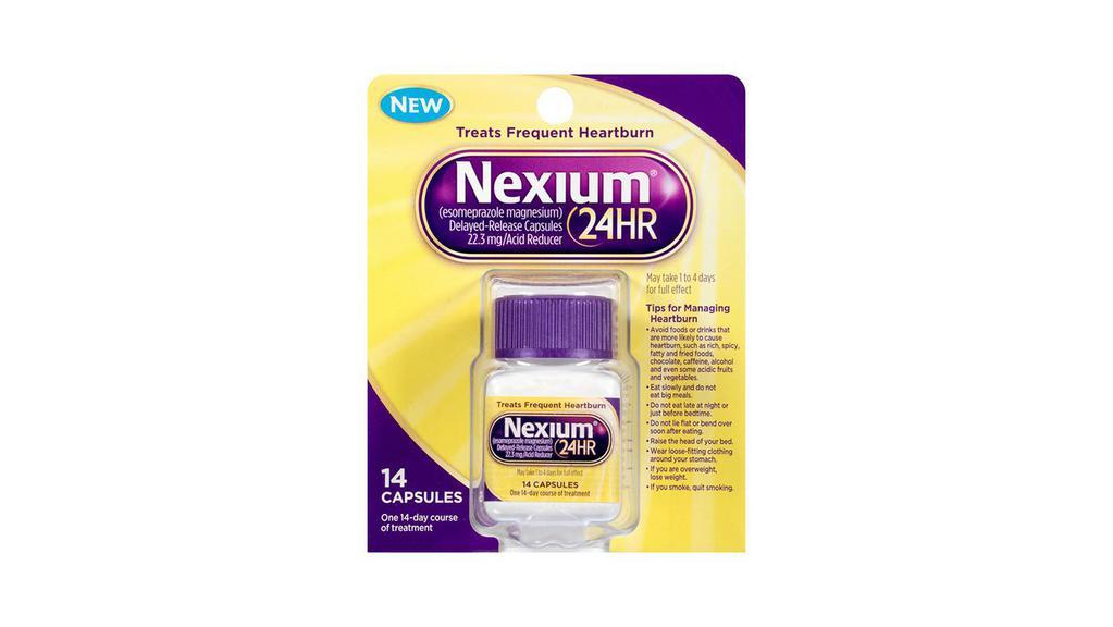 Nexium 24Hr Capsules (14 Ct) · Nexium 24HR Ac*d Reducer Heartburn Relief Capsules with Esomeprazole Magnesium provide complete all day, all night protection from heartburn Blocks Ac*d at the Source: Ac*d reducer capsules that turn the body's ac*d pumps from on to off for complete heartburn protection when used as directed